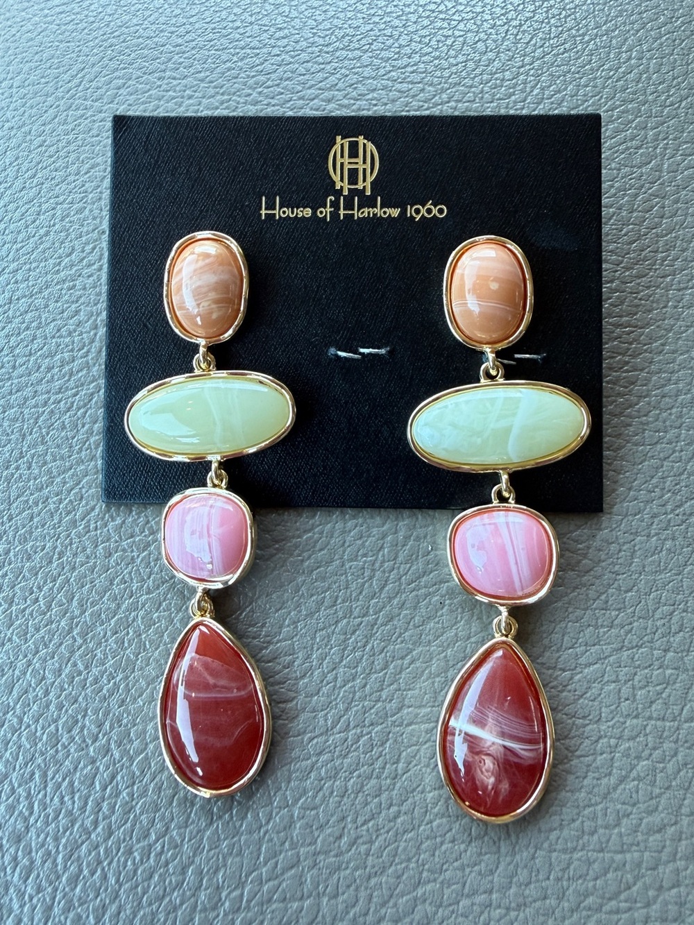 House of Harlow 1960 Gold Tone Multi Resin Stone Drop Earrings NWT Boho
